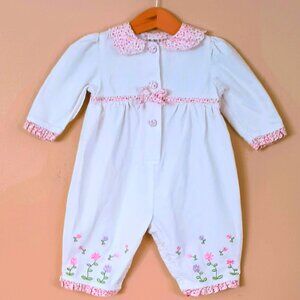 Baby Togs Vtg Girls Romper 9-12M White Corduroy Embroidered Flowers Ruffle Trim